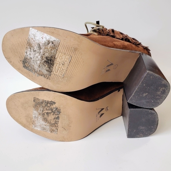 Anthropologie Vanessa Wu Brown Suede Fringed Lace Up Moccasin Booties Size 37 - Picture 11 of 11